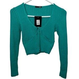 Fashion Nova Womens Ribbed Knit Tie Cardigan Sweater Teal XL Lightweight Chic